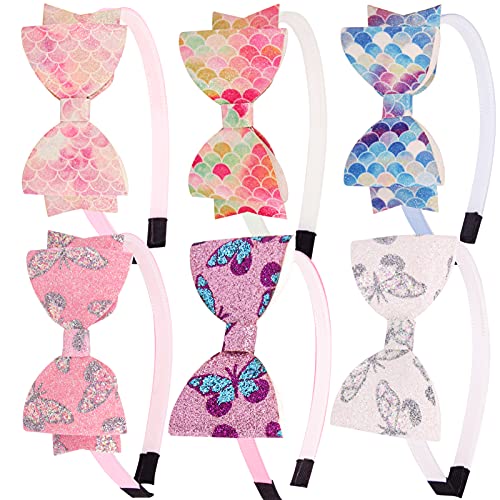 Fishdown 6Pcs Glitter Bow Headbands for Baby Girls Toddler Bow Sequin HairBands with Teeth Bow Sequin Head Bands Hair Accessories for Girls and Toddler(Non-slip)