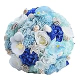 Abbie Home Blue Beach Wedding Bridal Bouquet Holding Tossing Flower with Pearl Seashell and Rhinestone Decoration for Beach Wedding Ceremony Party Proposal Decoration (Bouquet)