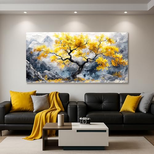crmotu Gold Tree of Life Wall Art, Mountain Tree Extra Large Artwork, Modern Chinoiserie Landscape Paintings Prints, Neutral Wall Decorations for Living Room Bedroom Office Ready to Hang 30x60inch