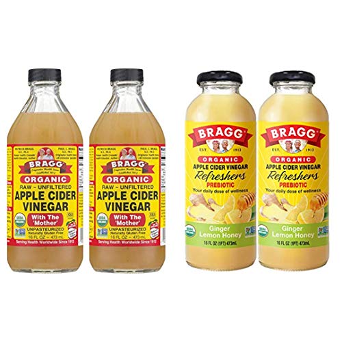 Bragg Organic Apple Cider Vinegar With the Mother 16 Ounce 2 Pack and Bragg Organic Ginger Lemon Honey Vinegar Drink 16 Ounce Bundle