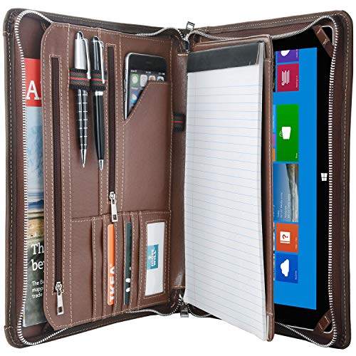 Vintage Leather Tablet Portfolio, Zipper Organizer Document Folder Padfolio Case For Surface Pro 7/ Pro 6/ Pro 5, Brown #TOP1