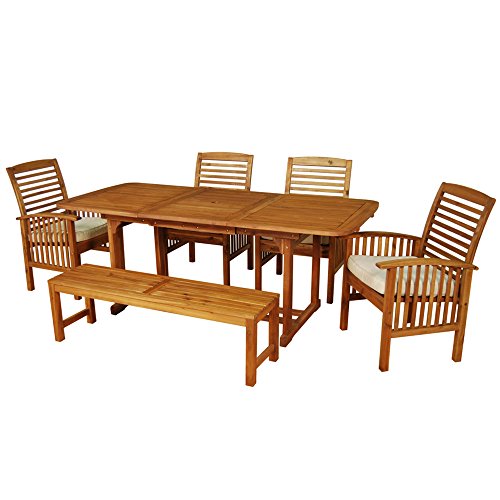 Walker Edison Maui Modern 6 Piece Solid Acacia Wood Slatted Outdoor Dining Set, Set of 6, Brown