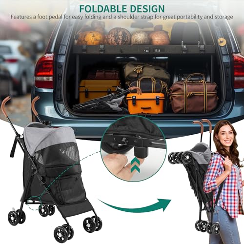 YITAHOME Haustierbuggy für kleine bis mittelgroße Hunde, 4-Rad-Hundebuggy mit Schultergurten, faltbarer Haustier-Reisewagen mit Getränkehalter und Aufbewahrungstasche (Grau Schwarz)
