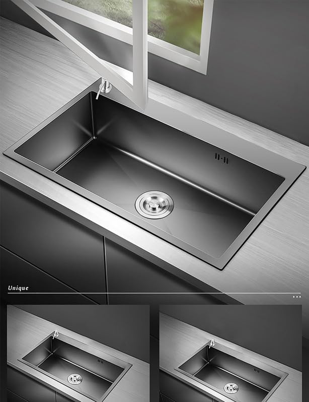 Fregadero Cocina 1 Seno 50 x 45 cm Acero Inoxidable Negro con Desagüe y Dispensador de Jabón, Fregadero Sobre Encimera o Enrasado