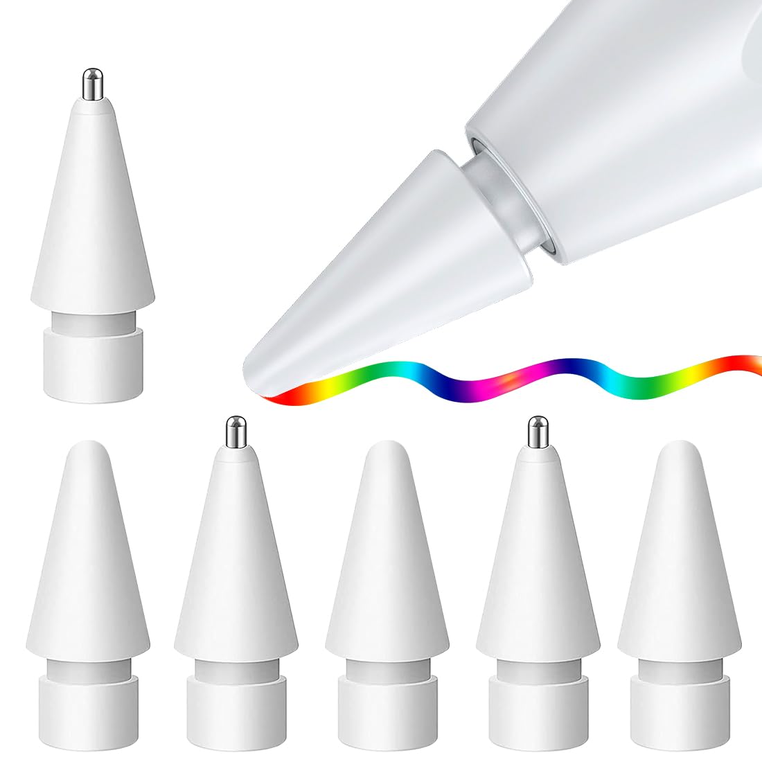 Replacement Tips Compatible with Apple Pencil 1st/2nd Generation&Logitech Crayon, No Wear Out Upgraded Apple Pencil Tips, Metal Pencil Nibs for Precise Control, Plastic &Metal Apple Tips (6 Pack)