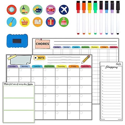 4 Pack Magnetic Whiteboard Calendar, Feela 2023 Monthly Weekly Planner Whiteboard for Fridge with 8 Whiteboard Pens, 1 Dry Wipe Eraser, 10 Stickers, Family Meal Planner Board, Home Kitchen Office Cover
