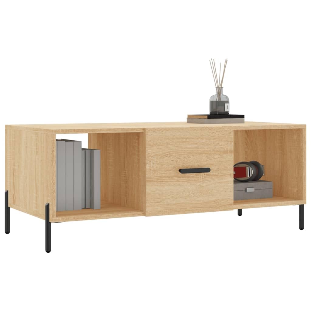 Mesa de centro Sonoma roble 102 x 50 x 40 cm moderna de madera con patas de hierro espacio de almacenamiento 3 compartimentos puerta aparador para salón, dormitorio, oficina o pasillo