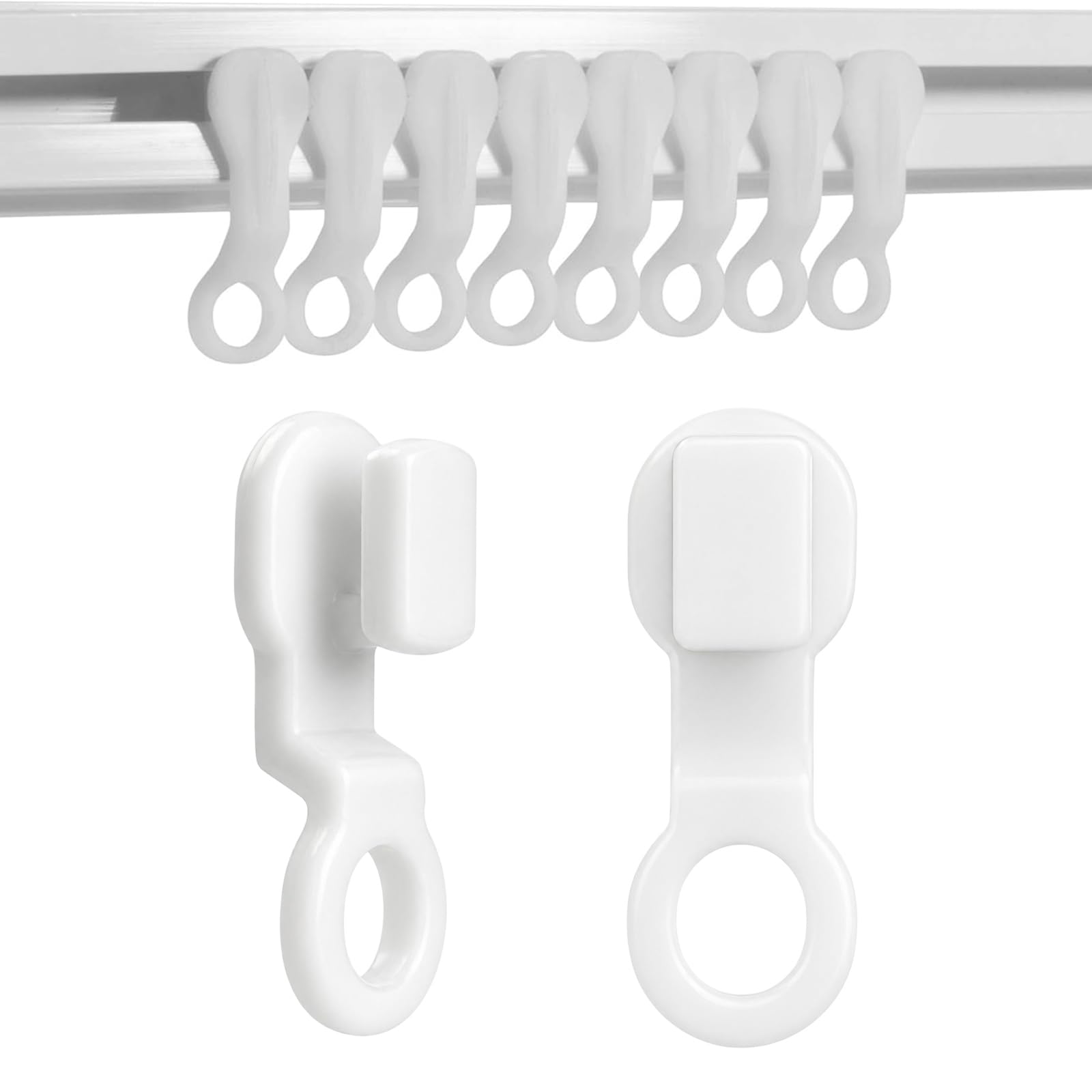 Pack of 50 White Plastic Curtain Hooks – Ceiling & Track Gliders for Curtain Drape Rails, Heavy-Duty, 2.7x0.8cm, Fits 99.9% of Curtain Tracks