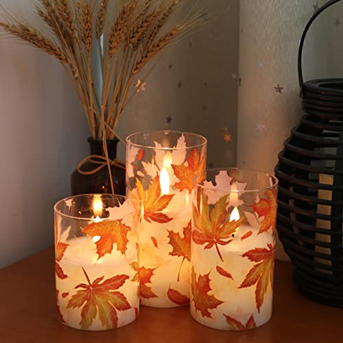 Image of GenSwin Glass Maple Leaf Flameless Candles with Remote Timers, Battery Operated LED Flickering Candles, Real Wax Pillar Candles Christmas Wedding Decoration