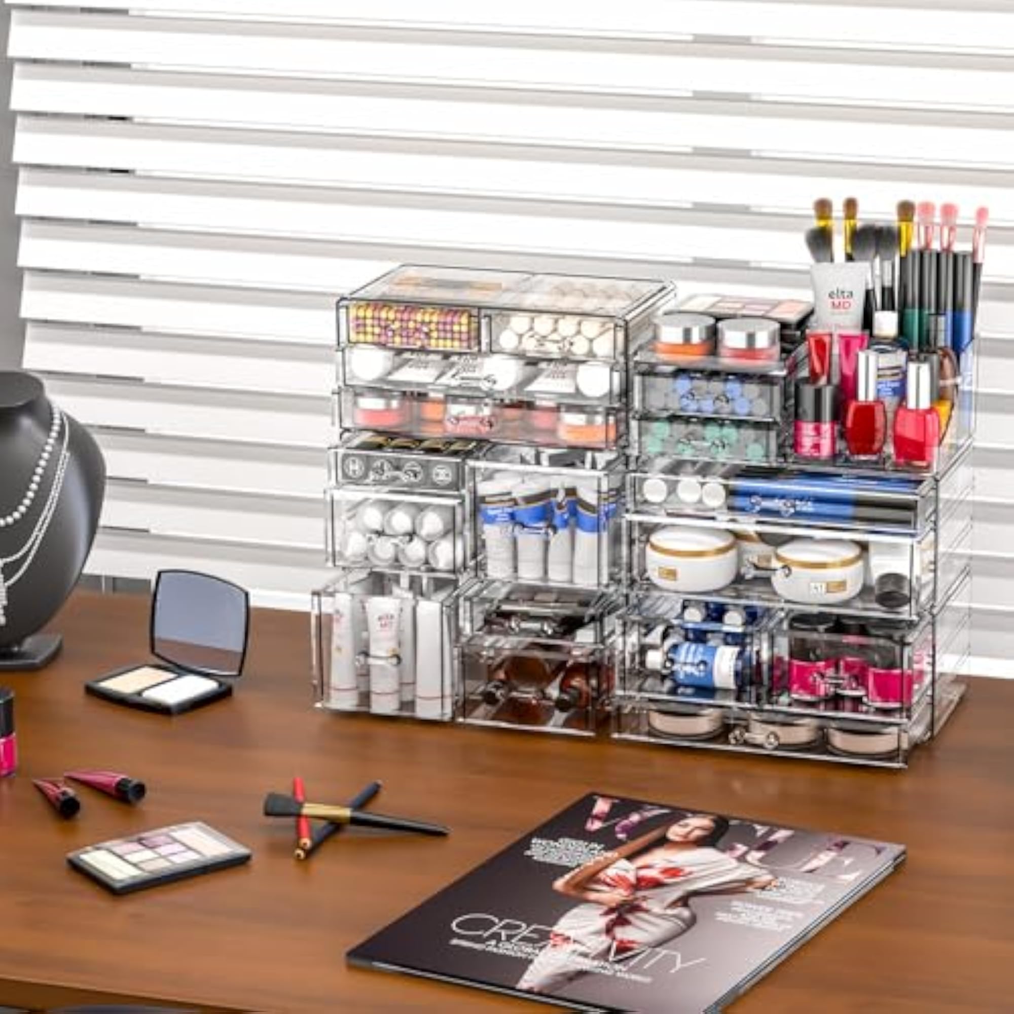2 Pack Clear Makeup Organizer Countertop, Stackable Drawers