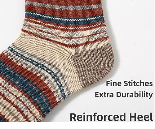 5-Pairs Vintage Knitting Stripe Reindeer Wave Pattern Women’s Fluffy Cute Crew Socks Warm Soft Cotton Calf Socks3