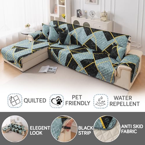 Image of HOKIPO 'Elira Series' Printed Quilted One-Piece L Shape 5 Seater (3+2) Sofa Cover with Left Chaise | Anti-Slip Design, Multicolor Abstract Geometry (AR-5374-C10)