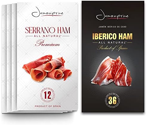 Premium Serrano Ham Sliced Dry-Cured (12oz) + Spanish Iberico Ham Sliced (2oz) - Spanish Jamon Iberico (Pata Negra) and Serrano with NO Nitrates or Nitrites all Natural, GMO Free and Gluten Free