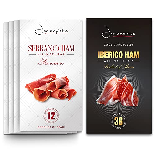 Premium Serrano Ham Sliced Dry-Cured (12Oz) + Spanish Iberico Ham Sliced (2Oz) - Spanish Jamon Iberico (Pata Negra) And Serrano With No Nitrates Or Nitrites All Natural, Gmo Free And Gluten Free #TOP5