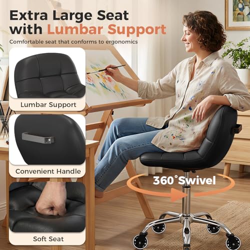 Image of Rolling Stool Chair with Wheels, Height Adjustable Stool with Back Support, Office Drafting Chair with PU Leather Cushion for Home Office Kitchen Vanity Salon Garage Tattoo Dentist Esthetician(Black)