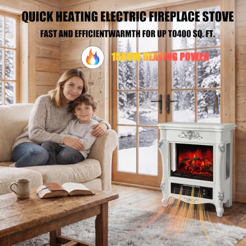 Image of FESTIVITY 18 inch Electric Stove Fireplace, 1500W Thermostat with 5100 BTU Heat Output, Adjustable Flame & Brightness Levels, Portable Electric Fireplace for Bedroom & Living Room-White & Silver