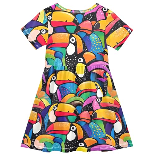 CHIFIGNO Abstract Toucans Dress for Girls Short Sleeve Crewneck Casual Sundress Toddler Girl Summer Clothes2