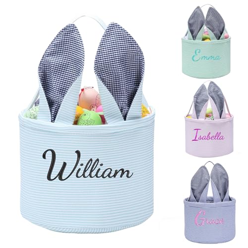 Image of Easter Bunny Basket Seersucker Egg Bags for Kids,Personalized Candy Egg Basket Rabbit Print Buckets with Fluffy Tail Gifts Bags for Easter