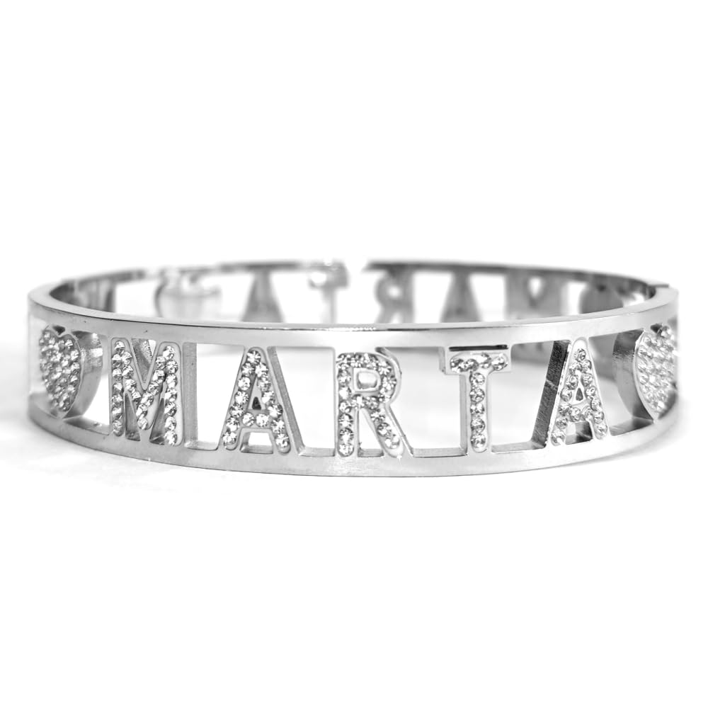 Flowers Bracciale Rigido Acciaio con Nome Vari e Zirconcini Sacchettino in tessuto Scritta nome ricoperta di strass Brillantissimi Bracciale a Manetta Donna Chiusura a molla Idea Regalo