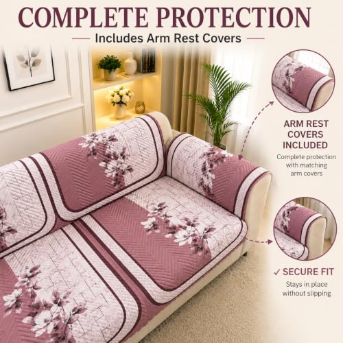 Image of Printed 7 Seater L-Shape Sofa Cover with Arm Covers, Quilted Texture, Sectional Couch Protector for Living Room-Pack of 15 (Pink Bloom)