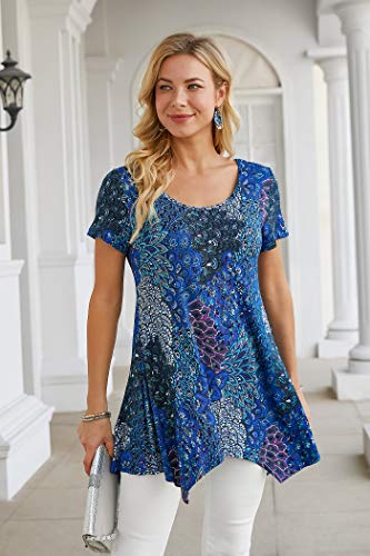 Nandashe Plus Size Flowy Tops For Women, Woman's Casual Round Collar Short Sleeves Floral Printed Drape Lightweight Cool Thin Fitting Swing Dressy Hem Hippie Long Tunic Shirts For Big Girls Aqua Xxl #TOP2