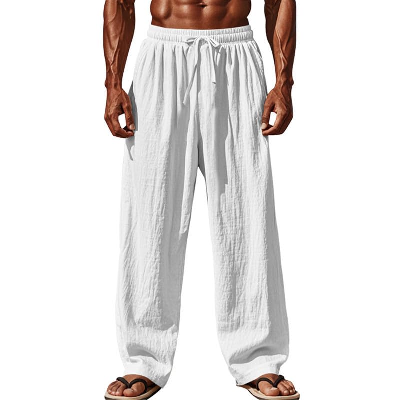 VIVICOLOR Mens Cotton Linen Drawstring Elastic Beach Pants Casual Lightweight Summer Beach Bottoms