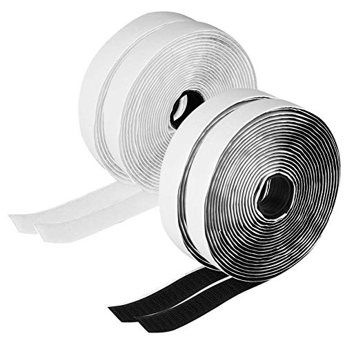 Preisvergleich Produktbild Vidillo Klettband, selbstklebend, doppelseitiges Klebeband, Befestigungsstreifen, 20 mm breit x 5 m lang, strapazierfähig, mit Super-Kleber, 5 m, 4 Rollen (2 Rollen in schwarz und 2 Rollen in weiß)