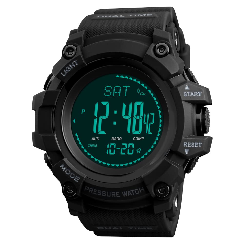 Boussole Montres Bracelet de Homme Outdoor Militaires Sport Digital Multifonctionnel Plastique Montre et Caoutchouc Ruban Podomètre Altimètre Baromètre Thermomètre, Noir