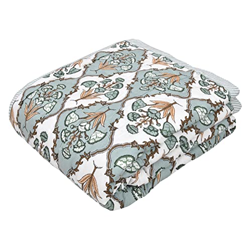 Image of BLOCKS OF INDIA Cotton Single Size Quilt Hand Block Print for Light Winters (60X90 Inches) (Grey Flower), Lightweight, 300 TC