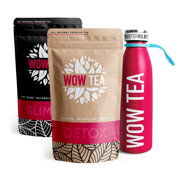 WOW TEA - Infusiones adelgazantes + Té Antioxidantes - Limpieza Corporal y Eliminación de Hinchazón Vientre + Termo de Té con Filtro - 300 gr + 550 ml | 100% naturales | Made in EU