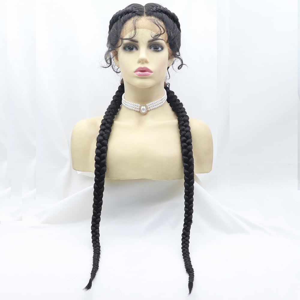 Amazon.com : xiweiya Natural Black Braided Lace Front Wig  display picture 3