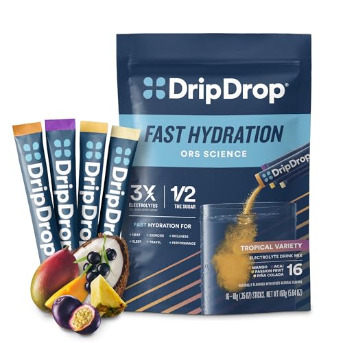 DripDrop Hydration Packets - Tropical Variety Pack - Single Serve Electrolytes Powder Drink Mix - Mango
