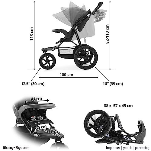 Moby-System Runner Mountain Dreirad-Kinderwagen mit Regenschutz, 15 kg Belastbar - Kinderwagen Zubehör Set mit 5-Punkt-Gurt, Reflektoren, Sichtfenster & Ablagekorb - Schwarz