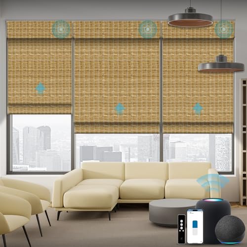 SmartWings Motorized Natural Woven Wood Blinds for Windows, Electric Auto Roman Shades with Remote for Sliding Doors, Compatitable with Alexa/Homekit/Google Home, Customized, Bamboo Jute 903