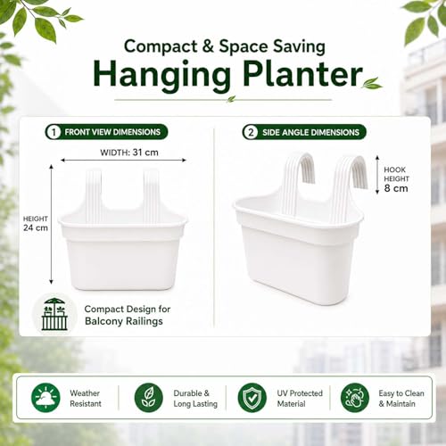 Image of Go Hooked 12 Inch Plastic Railing Hanging Planter Pot Set of 3 | Rectangular Flower Pots with Double Hook for Garden Fence Balcony Indoor Outdoor Home Decor | Durable Plant Container (White)