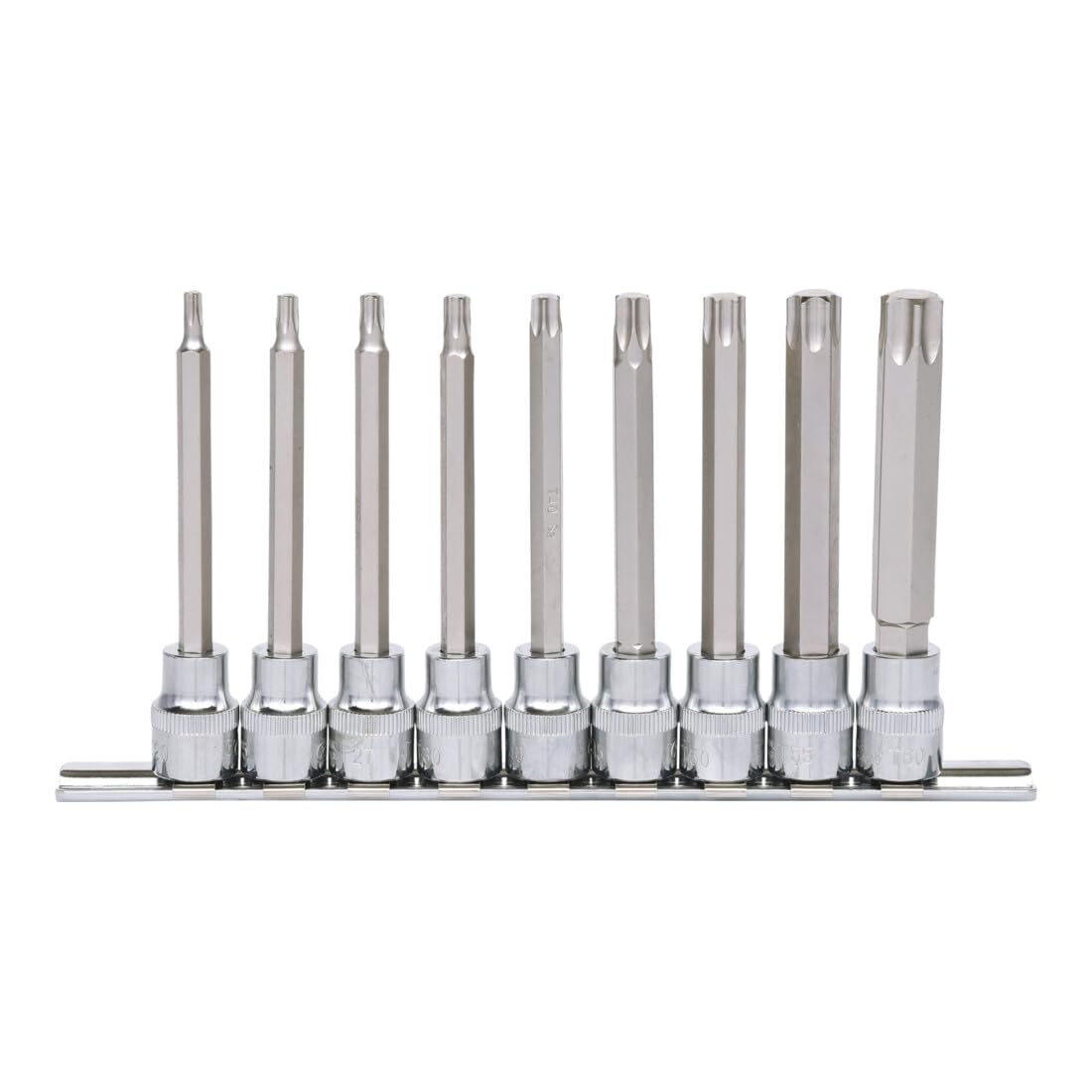 KS Tools 918.1550 3/8" Juego de llaves de vaso con punta para tornillos Torx CHROMEplus, largas, 9 pzs T20-T60