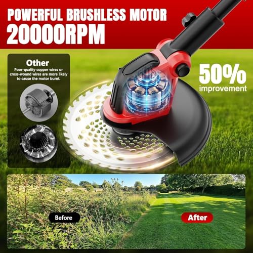 Image of 20000 RPM Electric Weed Wacker with Wheel,12″ Brushless Cordless Weed Eater Battery Powered,4-in-1 Brush Cutter /String Trimmer /Grass Edger /Tiller for Garden,Weed Trimmer,2 Battery (Red)