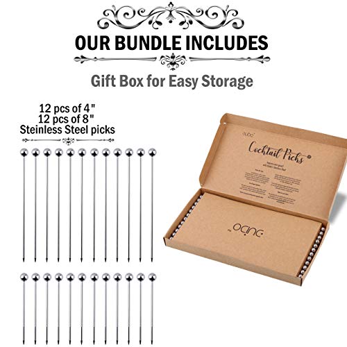 Cocktail Picks Martini Stirrers Toothpicks – (24 Pack / 4 & 8 Inch) Reusable Cocktail Picks - Stainless Steel Metal Drink Skewers Sticks for Martini Olives Appetizers Bloody Mary Brandied - Thumbnail 3