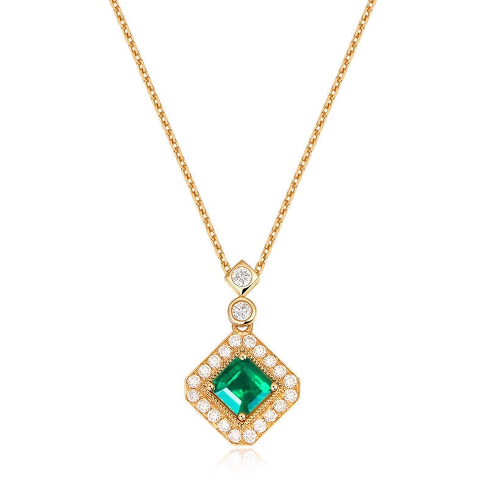 Łańcuszek damski, łańcuszek z wisiorkiem w kształcie kwadratu, 0,25 ct, szmaragd i diament żółte złoto, prezent urodzinowy dla najlepszej przyjaciółki