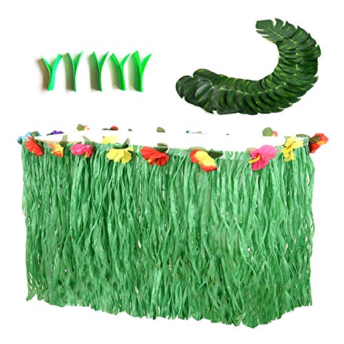 Kioneer Hawaiian Luau Table Skirt, 9ft Hawaiian Luau Green Table Skirt 20Pcs Tropical Faux Palm Leaves, with 5Pcs Adhesive Hook,for Moana Themed Partys (Green set)