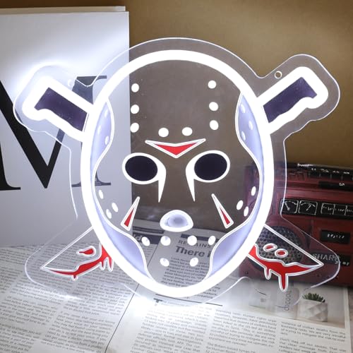 Image of Horror Mask LED Neon Sign, Scary Slasher Jason Neon Light for Wall Decor, 12 * 10 Inches, USB Powered Neon Lamp for Halloween, Bar, Gaming Room, Man Cave, Horror Movie Room Decor