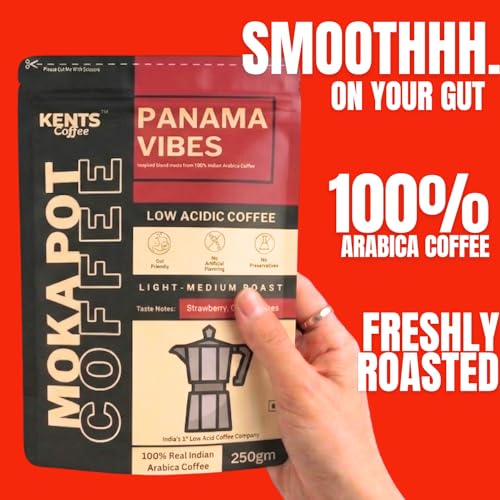 Image of Kents Coffee Panama Vibes - Light Medium Roast | LOW ACIDITY COFFEE | Moka Pot , Drip machine, V60, Aeropress, South Indian Filter | Chikmagalur Single Estate Arabica Coffee | Cacao & Strawberry Notes | Freshly Roasted Beans | Medium Fine Grind | Honey SunDried + Washed Arabica (200g)