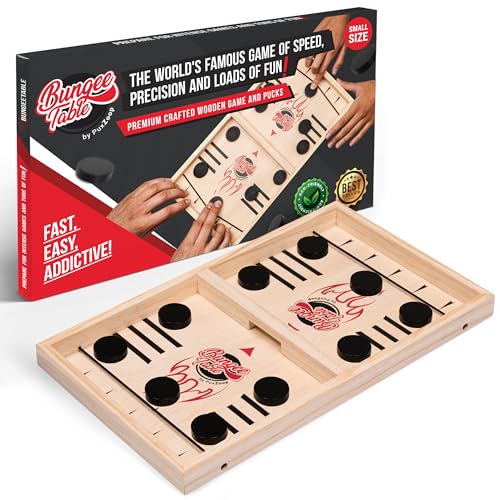 PuxZoop Fast Sling Puck Game - Small Size - Test Your Speed and Accuracy with This Fast-Paced Wooden Air Hockey Board Game - Guaranteed Fun for Family Night or Friends Party