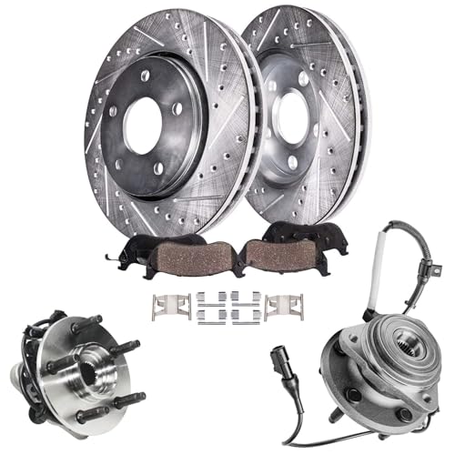 Image of Detroit Axle - Front Brake Kit Wheel Bearing Hubs for 4WD Ford Explorer | Ranger Mazda B3000 B4000 Mercury Mountaineer Drilled & Slotted Brake Rotors and Ceramic Brake Pads Replacement