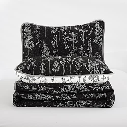 Colcha reversible para cama doble Lunoroey blanco y negro de patchwork botánico 8