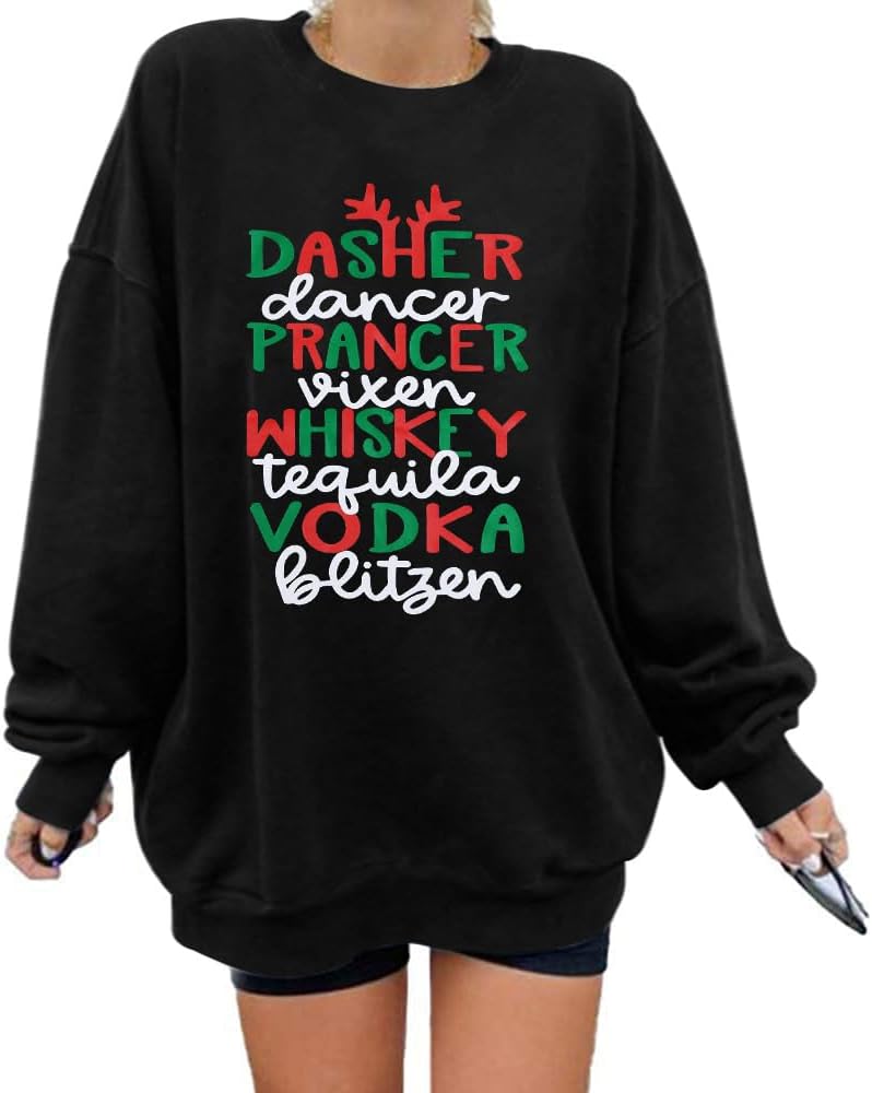 Funny Christmas Holiday Sweatshirt for Women – Oversized Dasher, Dancer, and Prancer Pullover Xmas Top