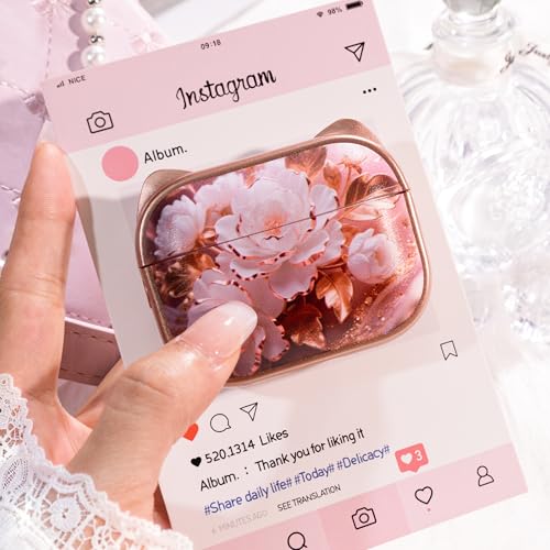 Image of for AirPods Pro 2 Case with Cleaning Kit, Cute Cat Ear Print Design & Cute Buckle for Girls, Phone Holder & Top Safe Lock Buckle Design for AirPods Pro 2nd /1st Gen case, Rose Gold Peony