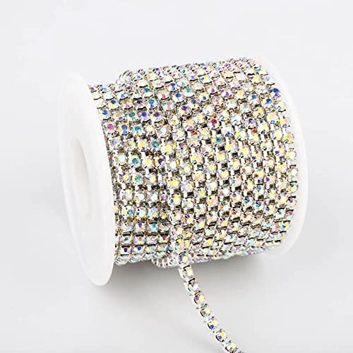 10 Yards Crystal AB Strass Close Chain Clear Trim Cucito Argento Base Cup Chain Crystal Glass Stone Sew On Rhinestone-Crystal AB, SS16 (3,8-4,0 mm)