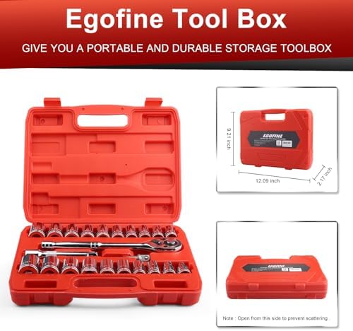 Egofine 1/2" Drive Socket Set, 23 Piece Standard SAE (7/16 to 1 inch) and Metric (13-19, 21, 22, 24mm) 6 Point, with Quick Release Ratchet, Extension Bars, Drive Drill Adapter - 3