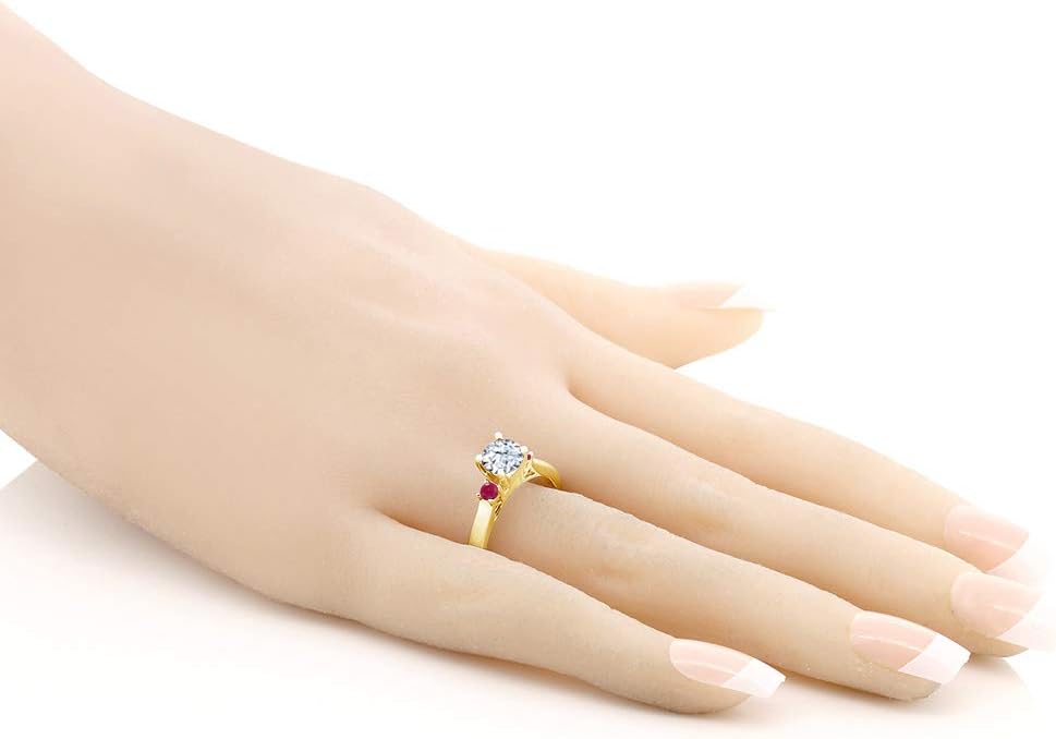 Gem Stone King 18K Yellow Gold Plated Silver White Zirconia and Red Ruby 3-Stone Engagement Ring For Women (1.78 Cttw, Round 6MM, Gemstone Birthstone)